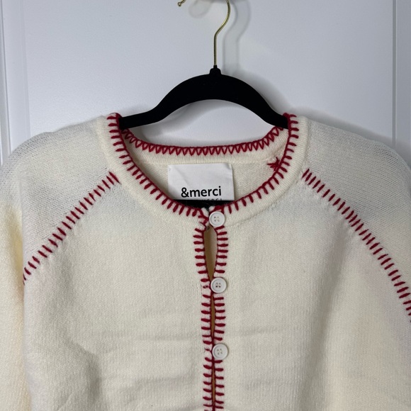 &merci Cream Button-Front Cardigan with Red Contrast Trim small - Picture 2 of 8